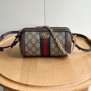 Gucci Brown GG Supreme Canvas Crossbody with Green-Red Web
